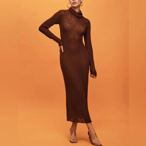 NWT Savannah Morrow Gigi Knit Midi Dress Full Sleeve in Cocoa Brown Turtleneck M